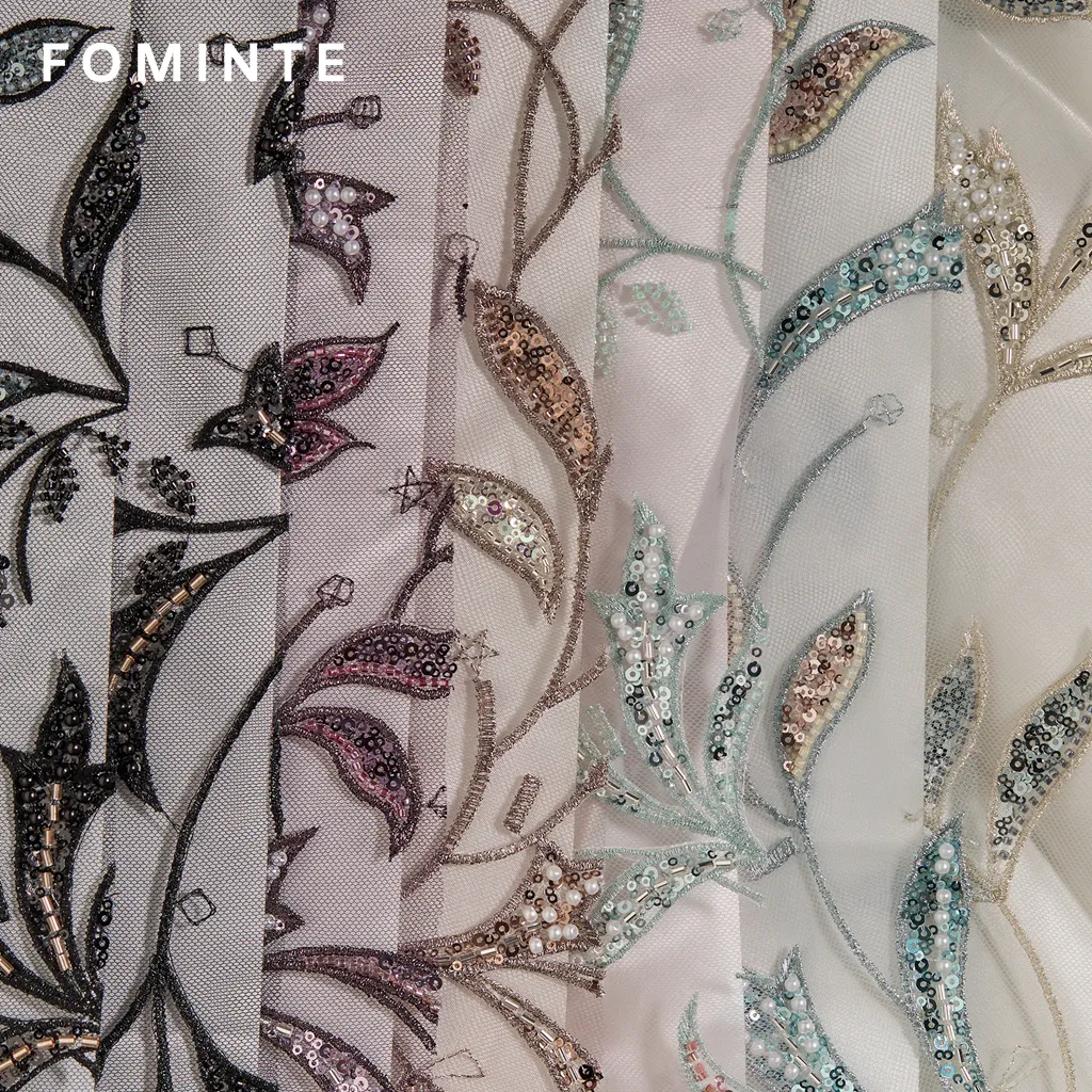 FT25-268B Romantic Botanical Vine Embroidered Lace with Sequin Leaves