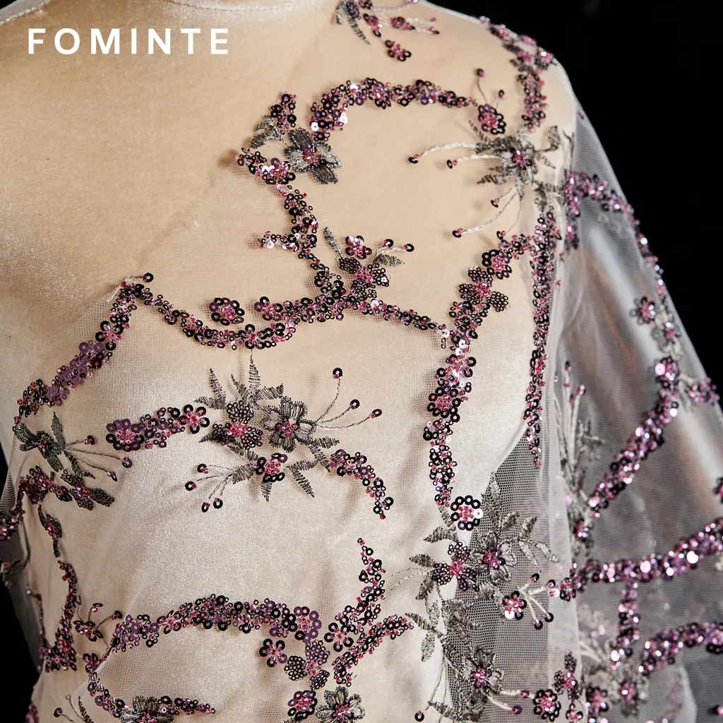 FT25-272: Delicate Cherry Blossom Embroidered and Beaded Lace Fabric wholesale