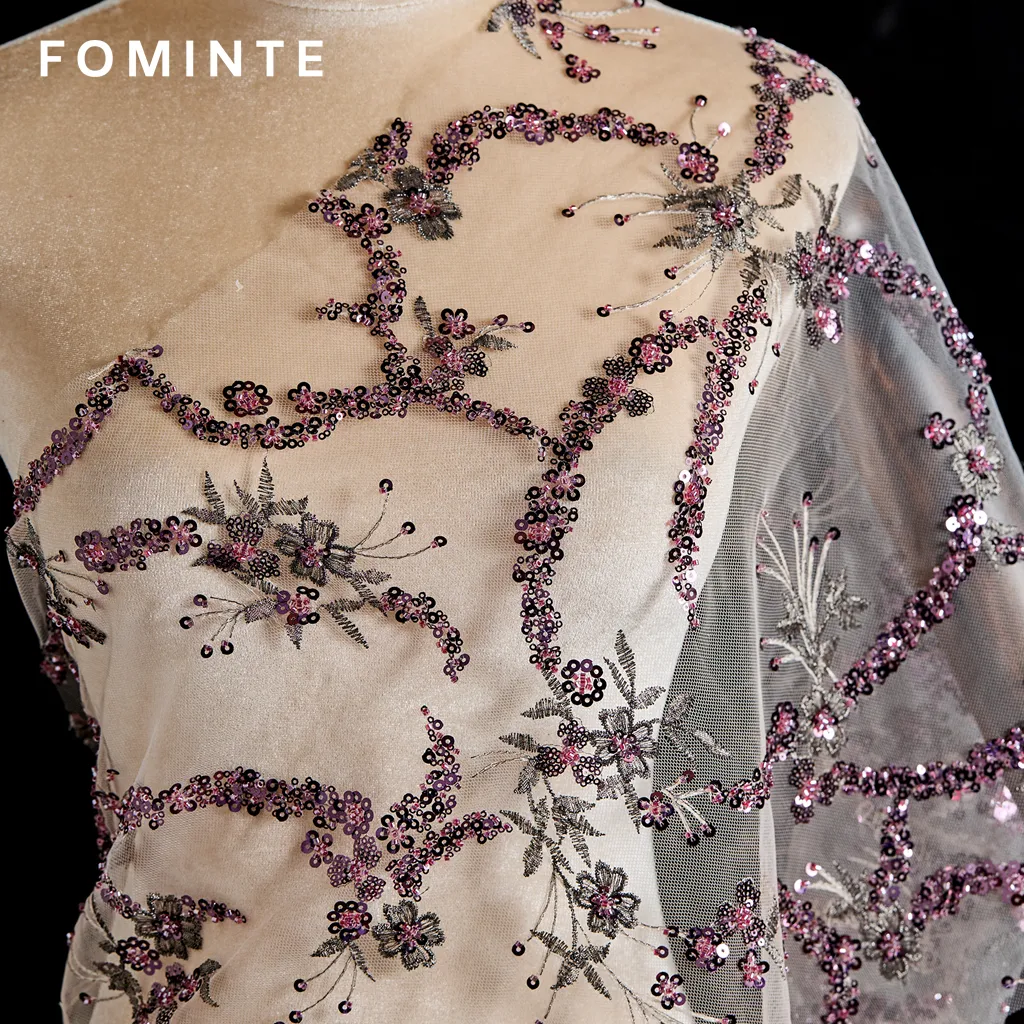 FT25-272: Delicate Cherry Blossom Embroidered and Beaded Lace Fabric wholesale