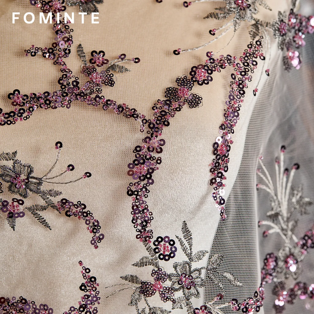 FT25-272: Delicate Cherry Blossom Embroidered and Beaded Lace Fabric wholesale