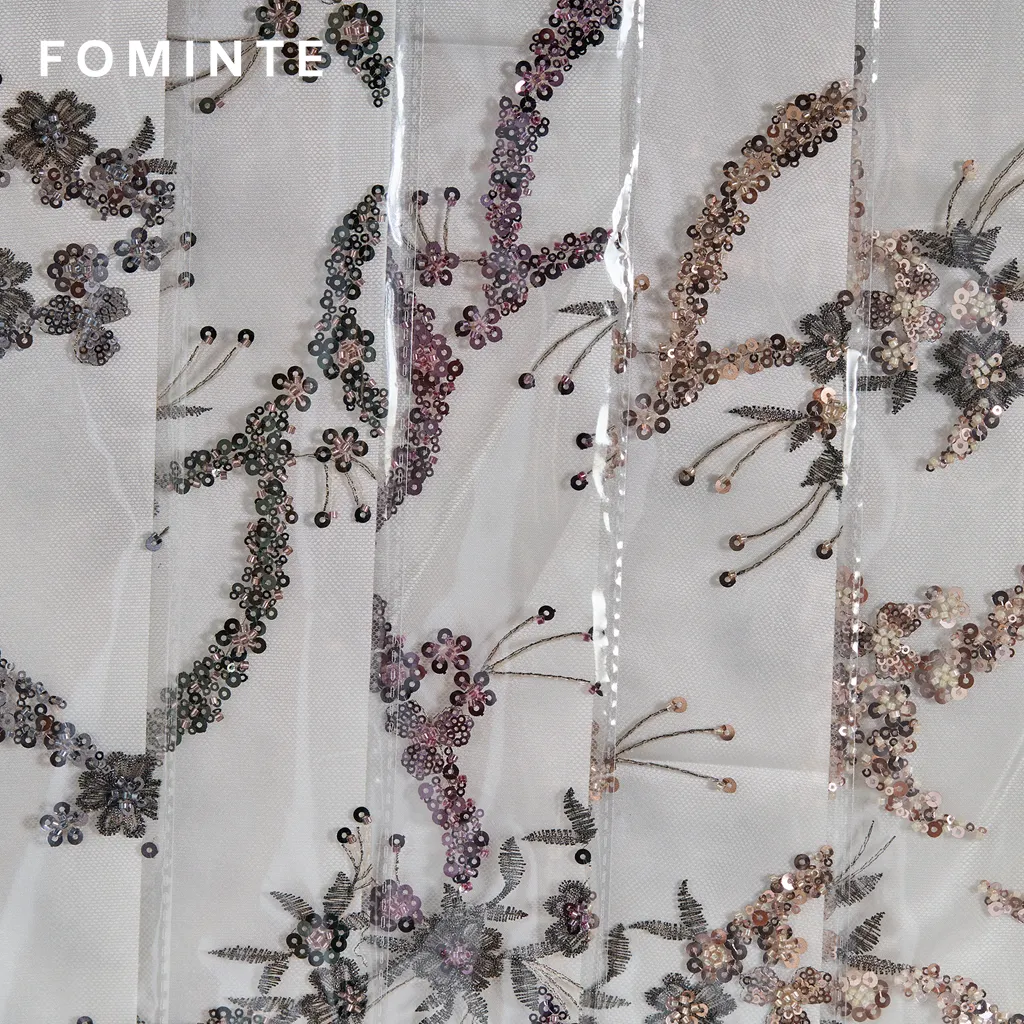 FT25-272: Delicate Cherry Blossom Embroidered and Beaded Lace Fabric wholesale