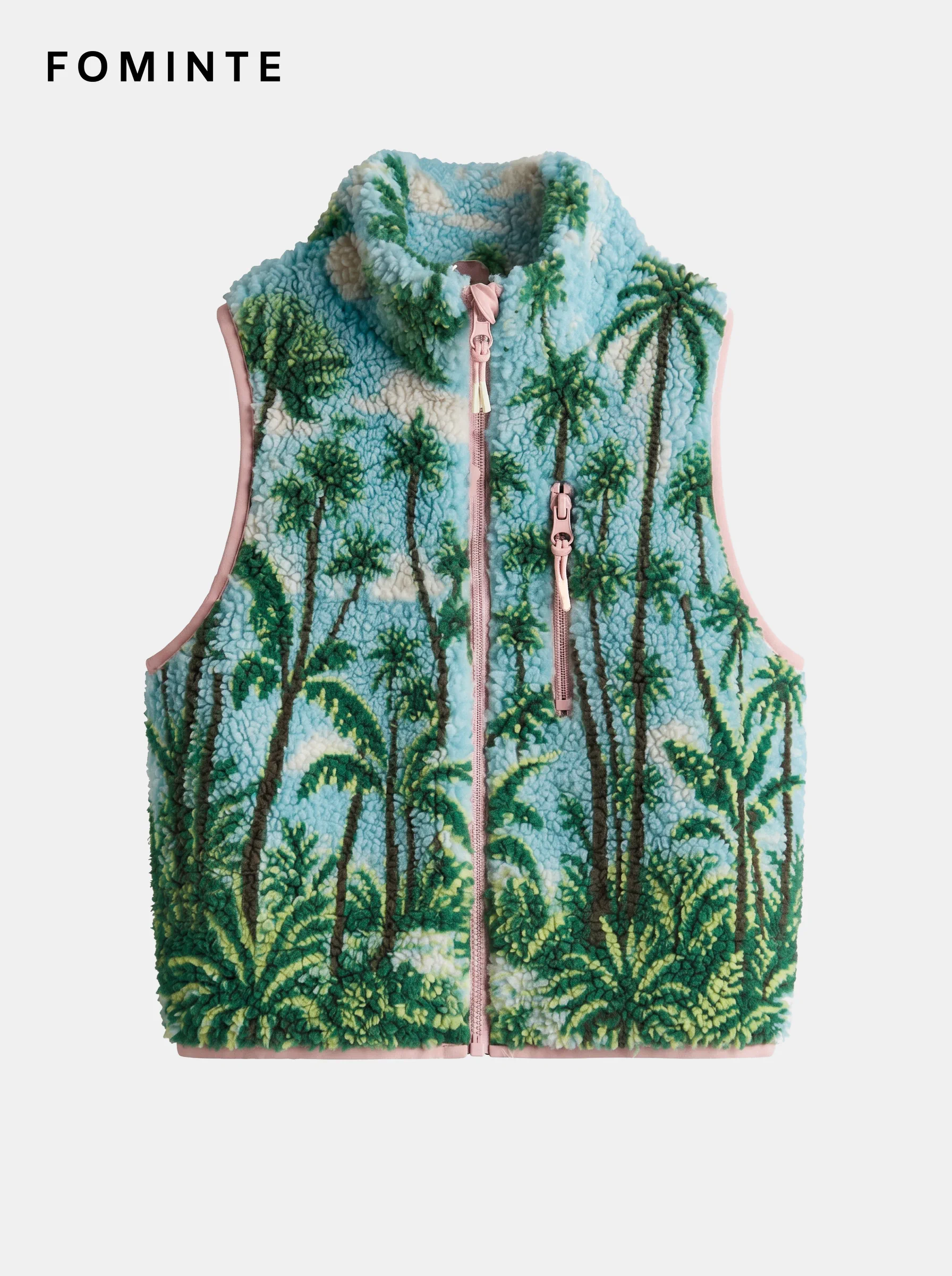 Sky Blue Palm Tree Print Fleece Vest