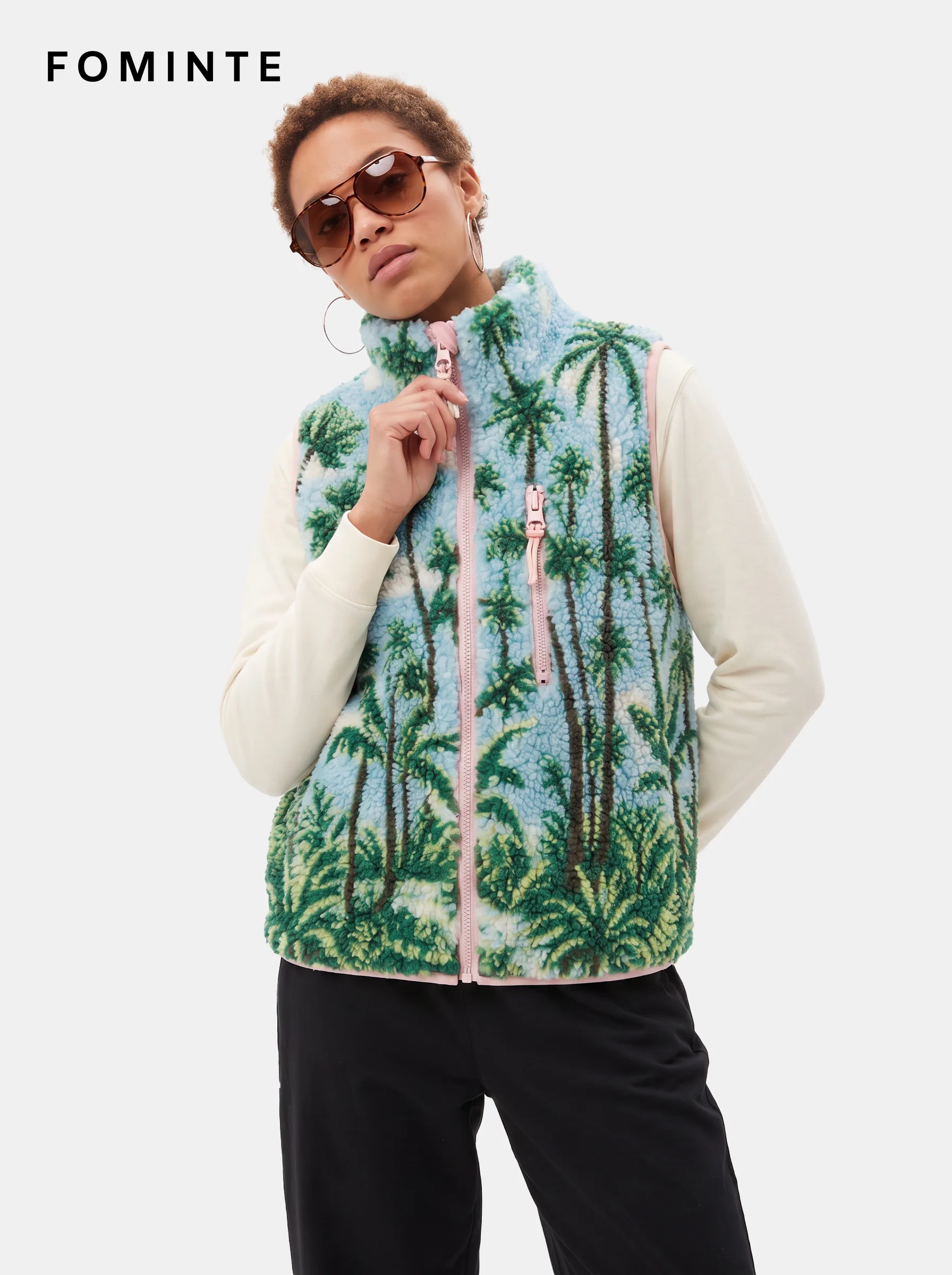 Sky Blue Palm Tree Print Fleece Vest