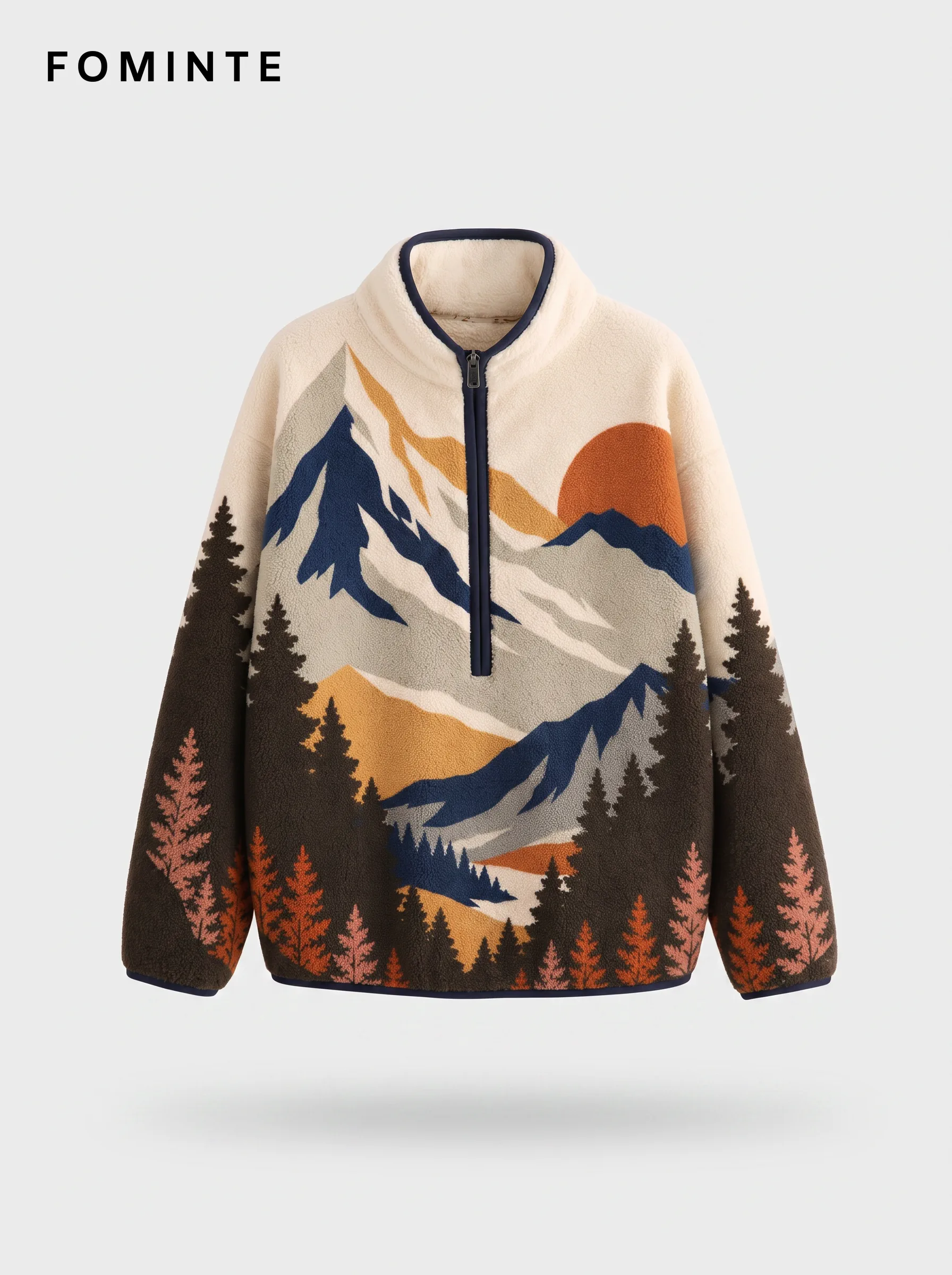 Ivory Mountain Landscape Quarter-Zip Fleece Pullover