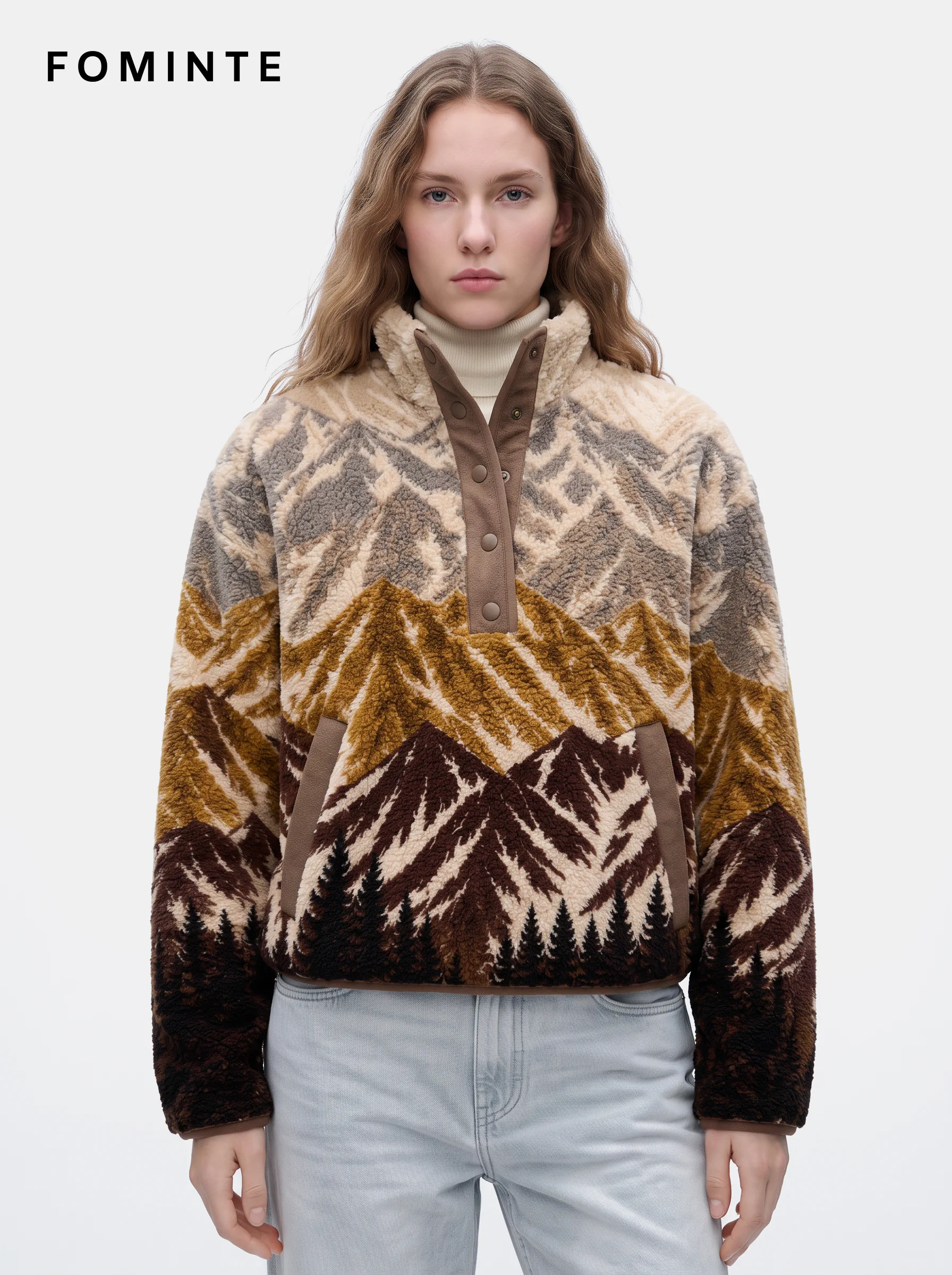 Brown and Cream Mountain Quarter-Zip Fleece Pullover