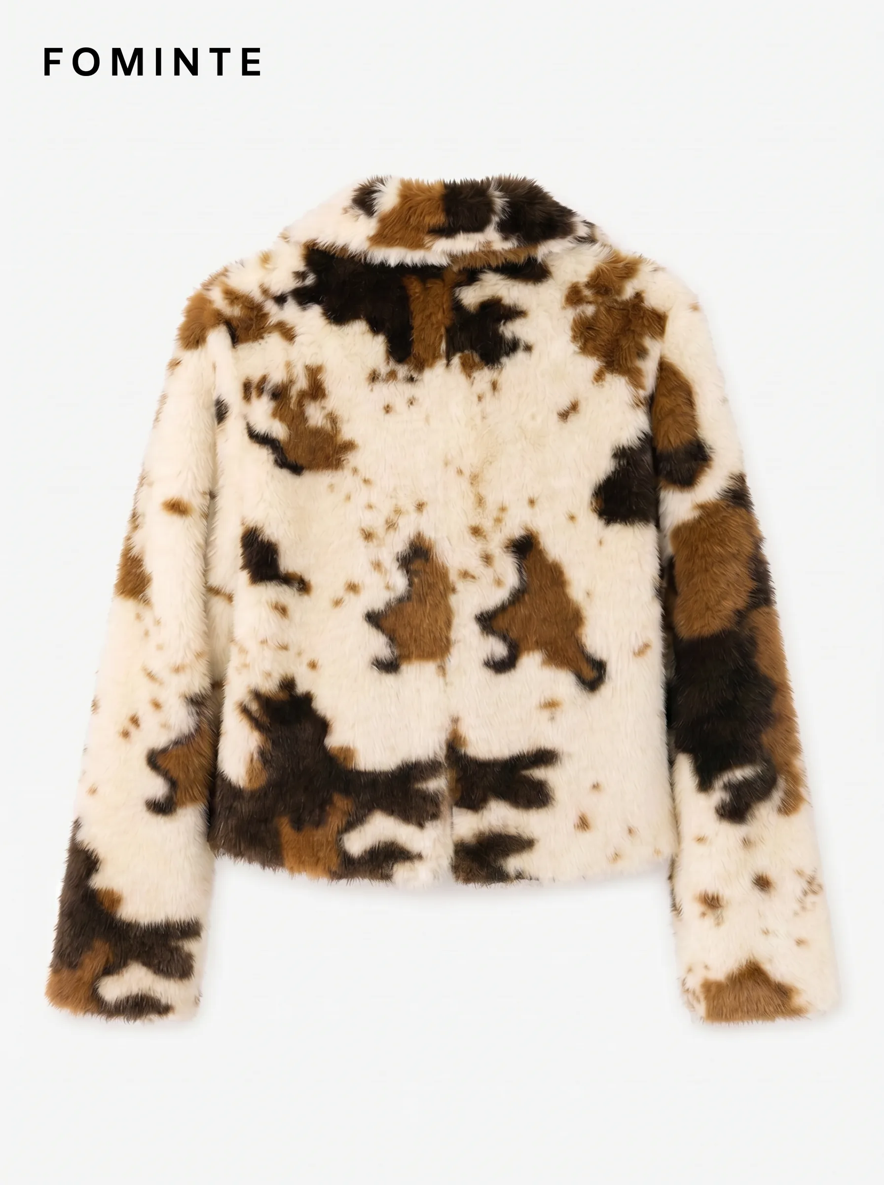 Coffee-White Cow Print Faux Fur Cropped Jacket Wholesale