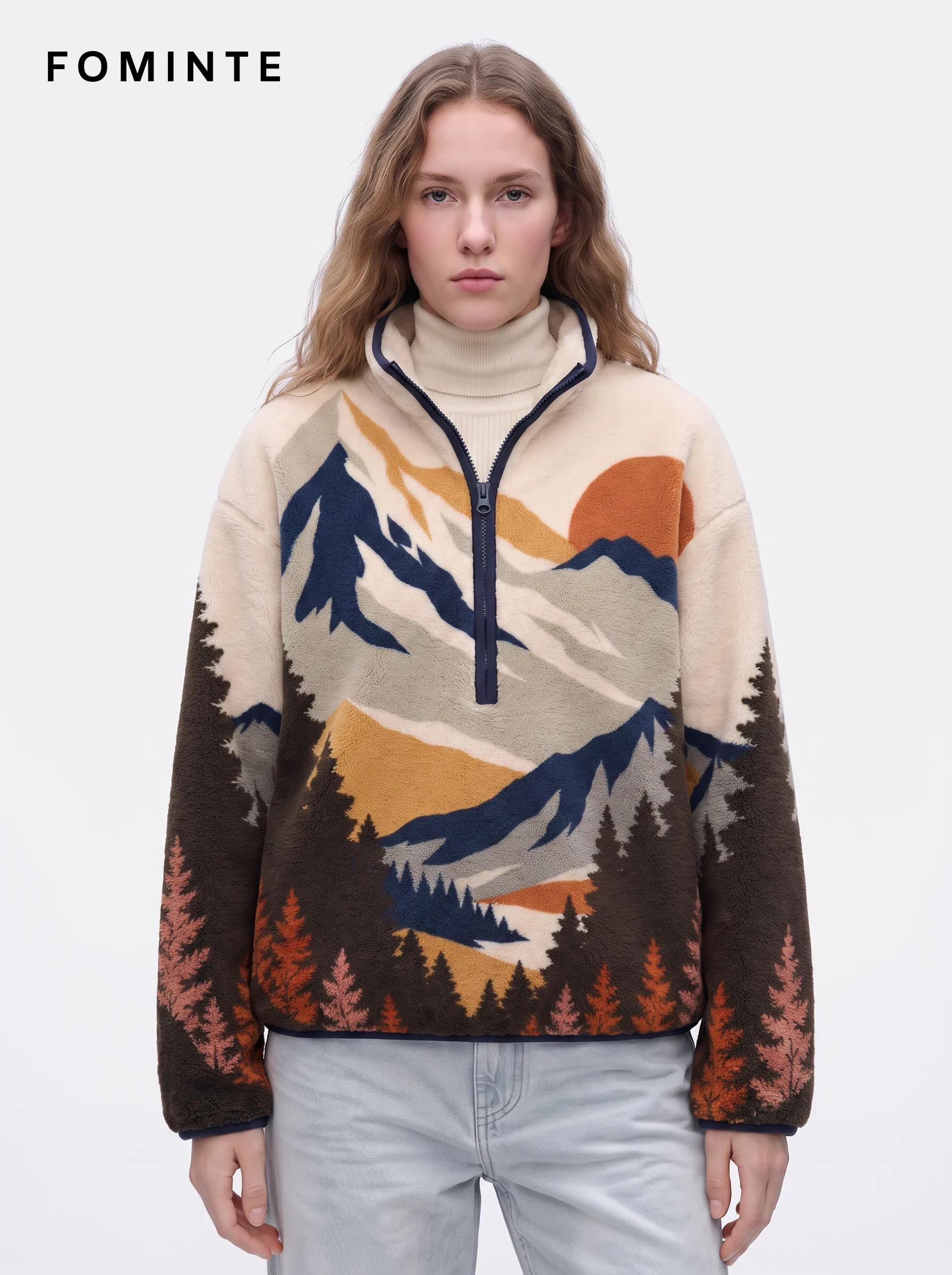 Ivory Mountain Landscape Quarter-Zip Fleece Pullover