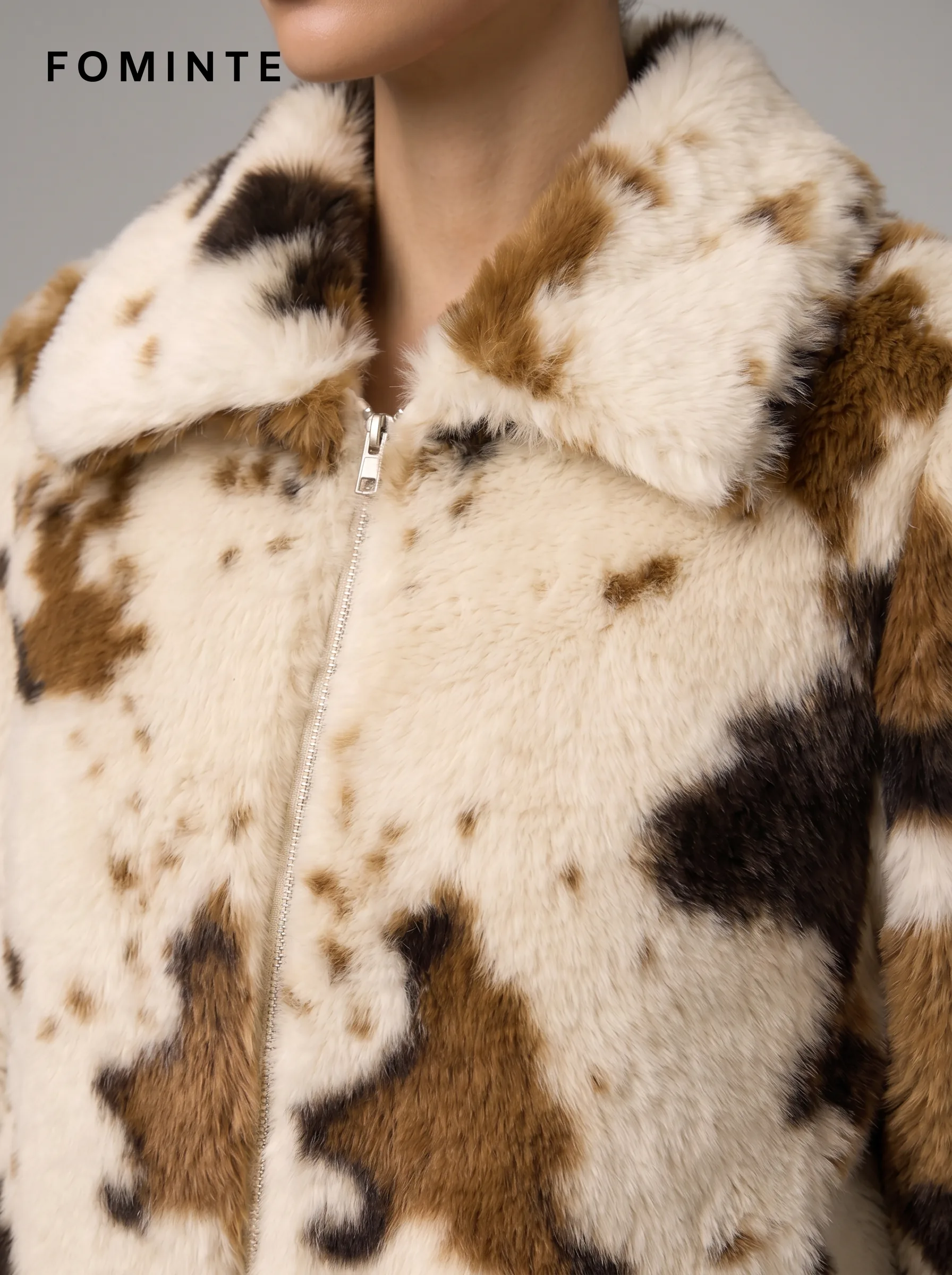 Coffee-White Cow Print Faux Fur Cropped Jacket Wholesale