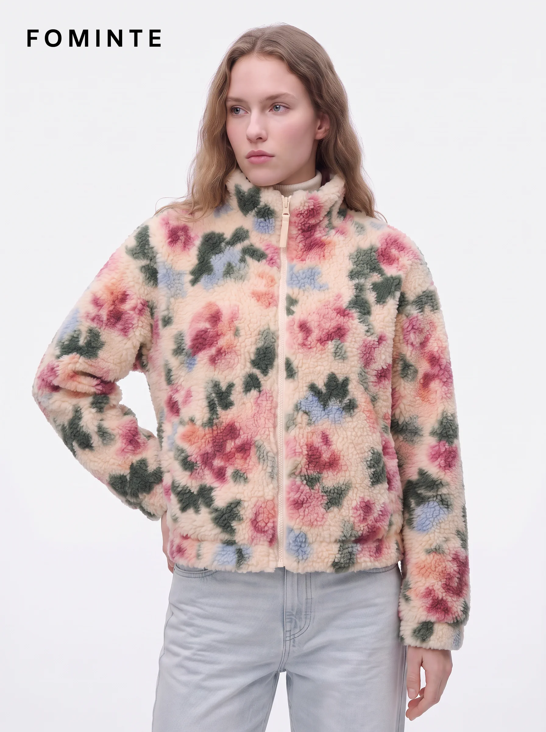 Ivory Pink Floral Full-Zip Fleece Jacket