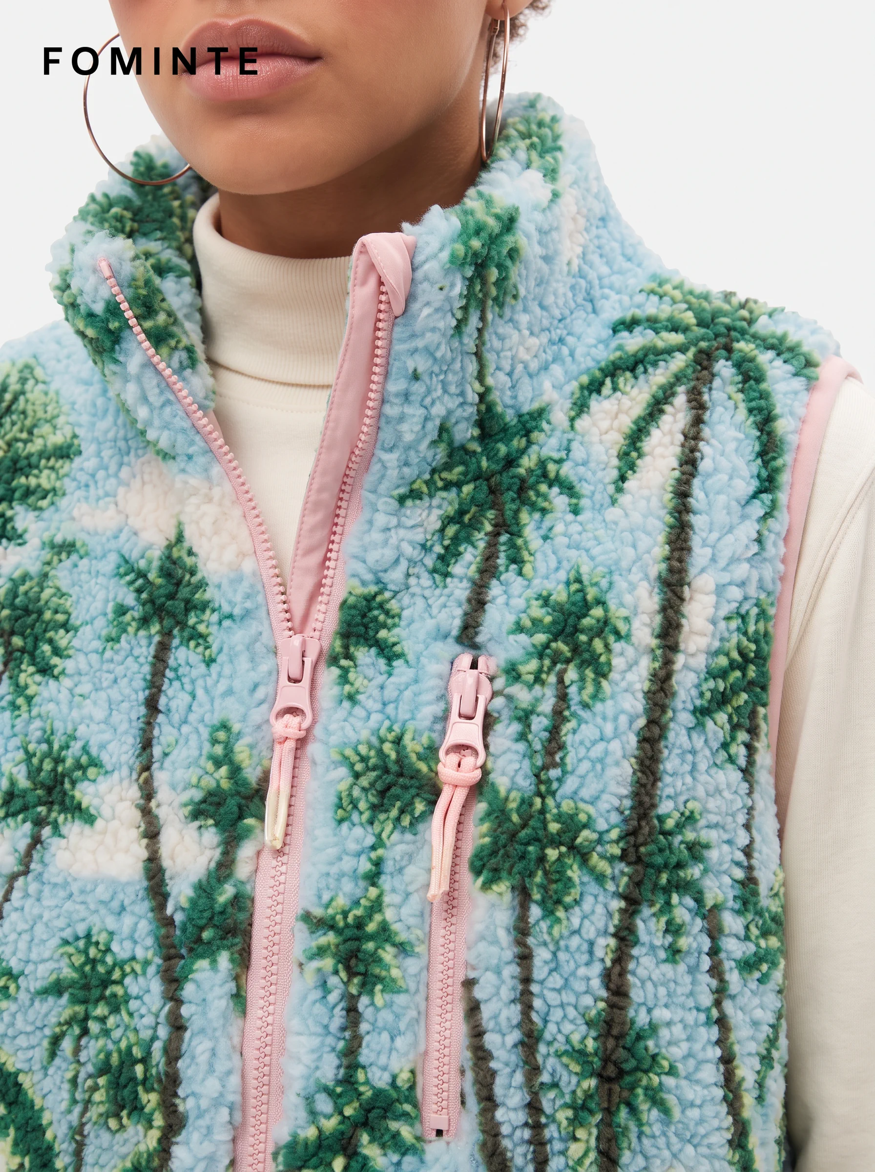 Sky Blue Palm Tree Print Fleece Vest