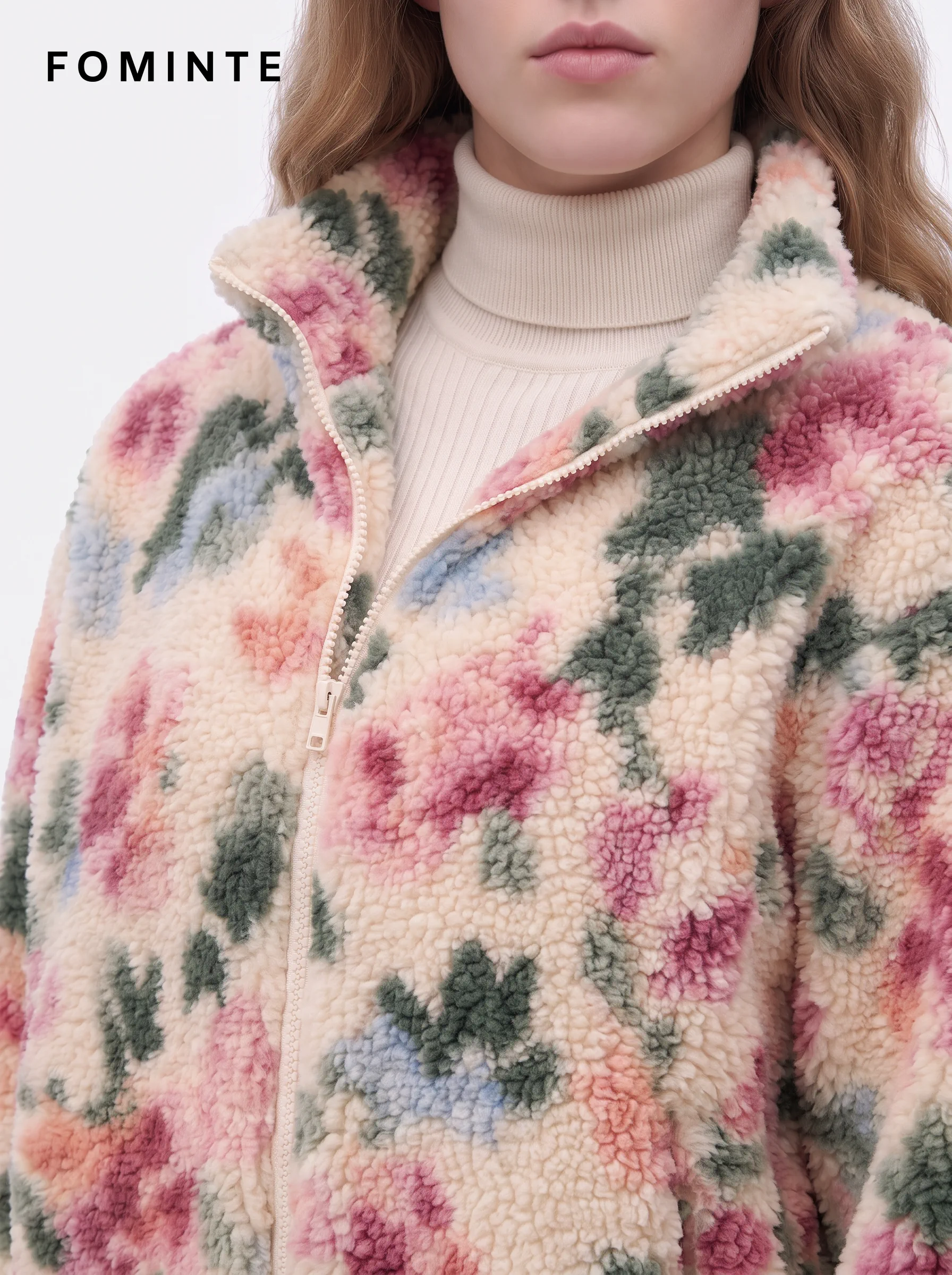 Ivory Pink Floral Full-Zip Fleece Jacket