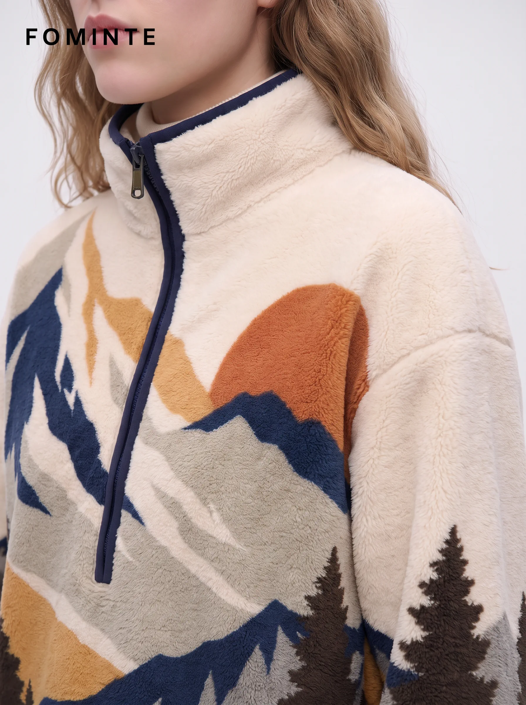 Ivory Mountain Landscape Quarter-Zip Fleece Pullover