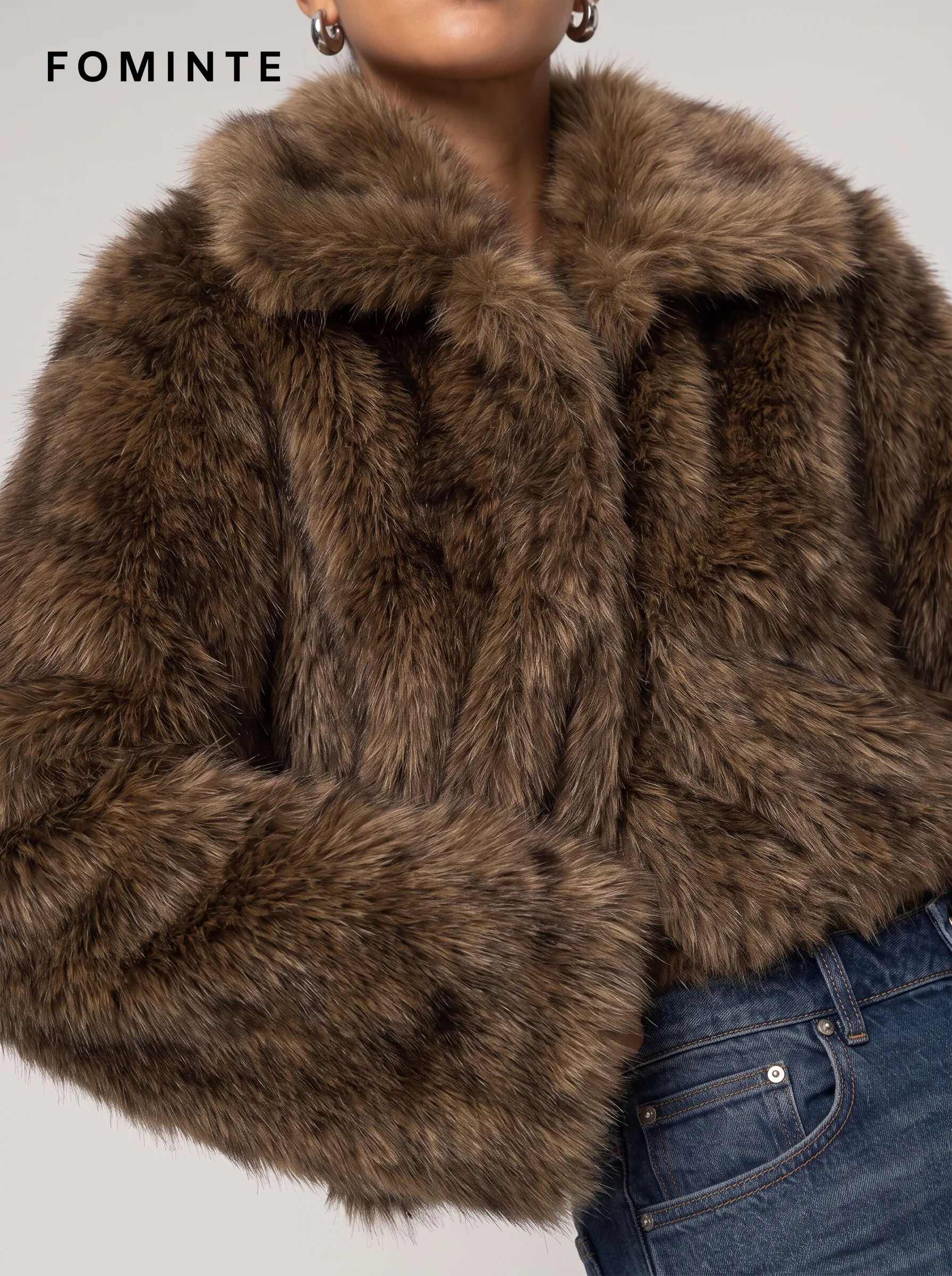 Brown Cropped Long-Pile Faux Fur Jacket