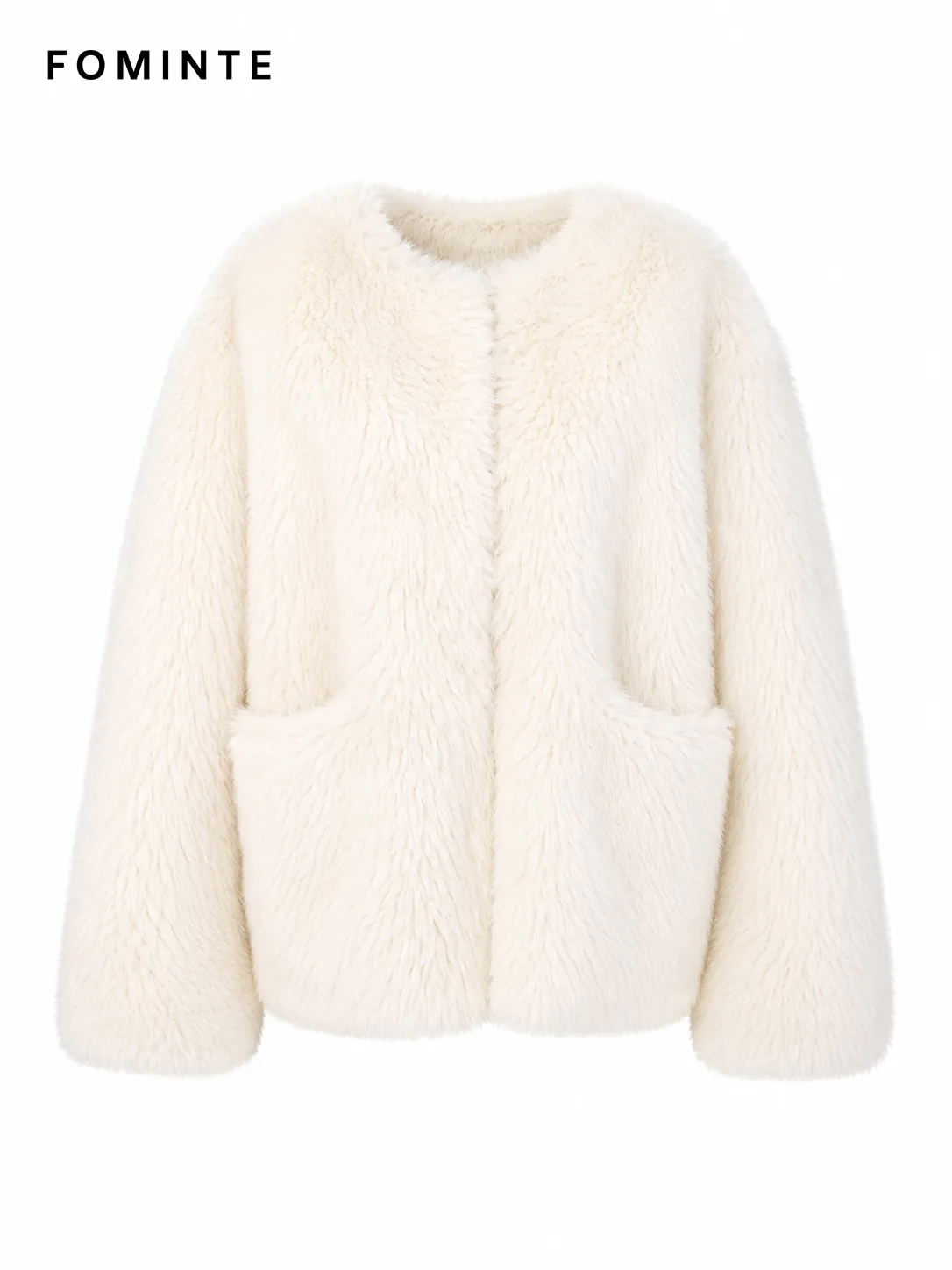 White Long-Pile Faux Fur Pocket Jacket Wholesale