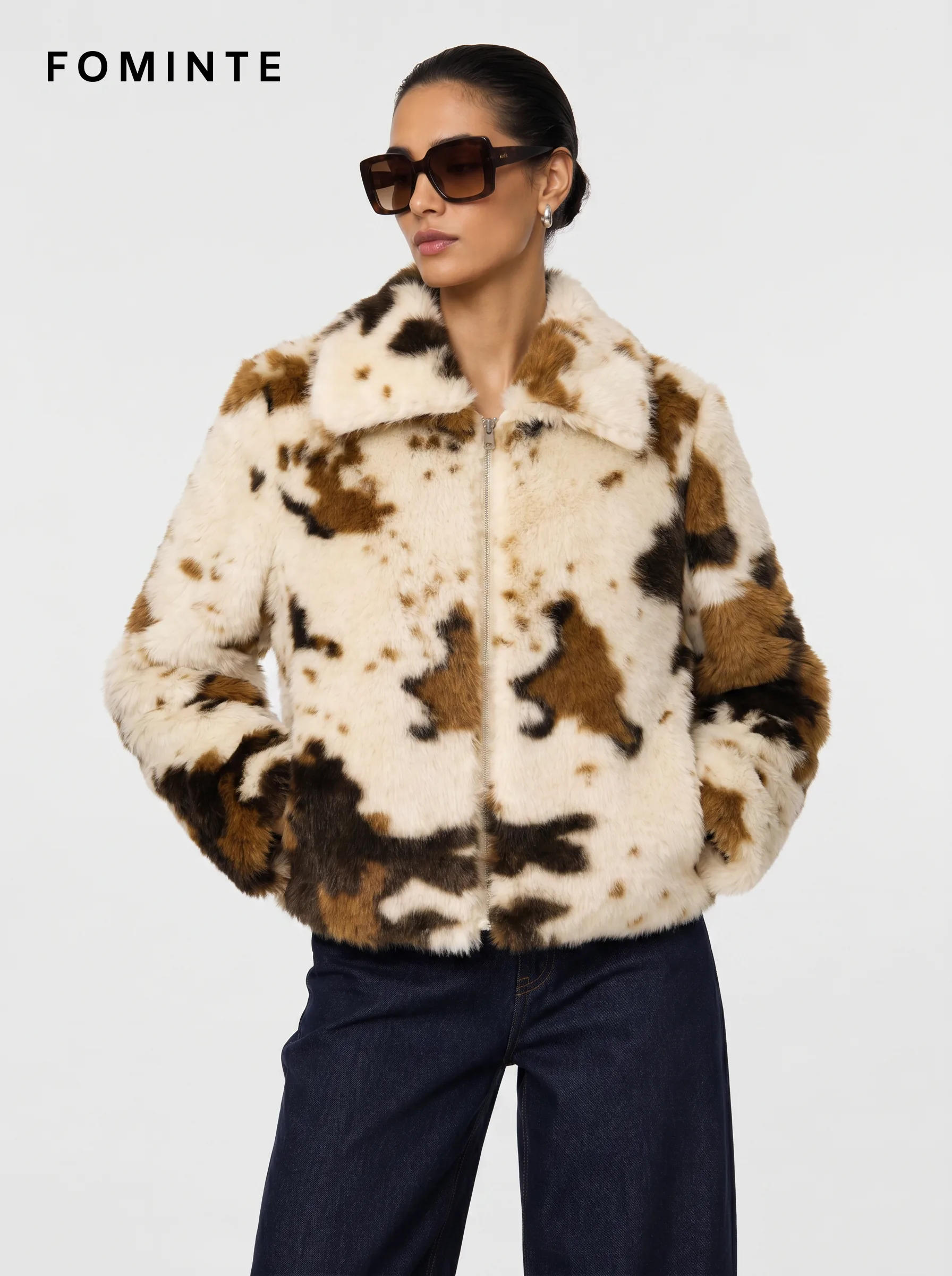 Coffee-White Cow Print Faux Fur Cropped Jacket Wholesale