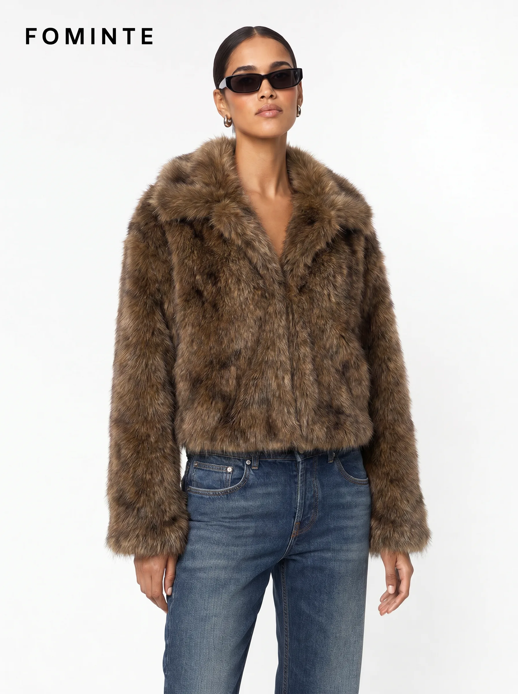 Brown Cropped Long-Pile Faux Fur Jacket