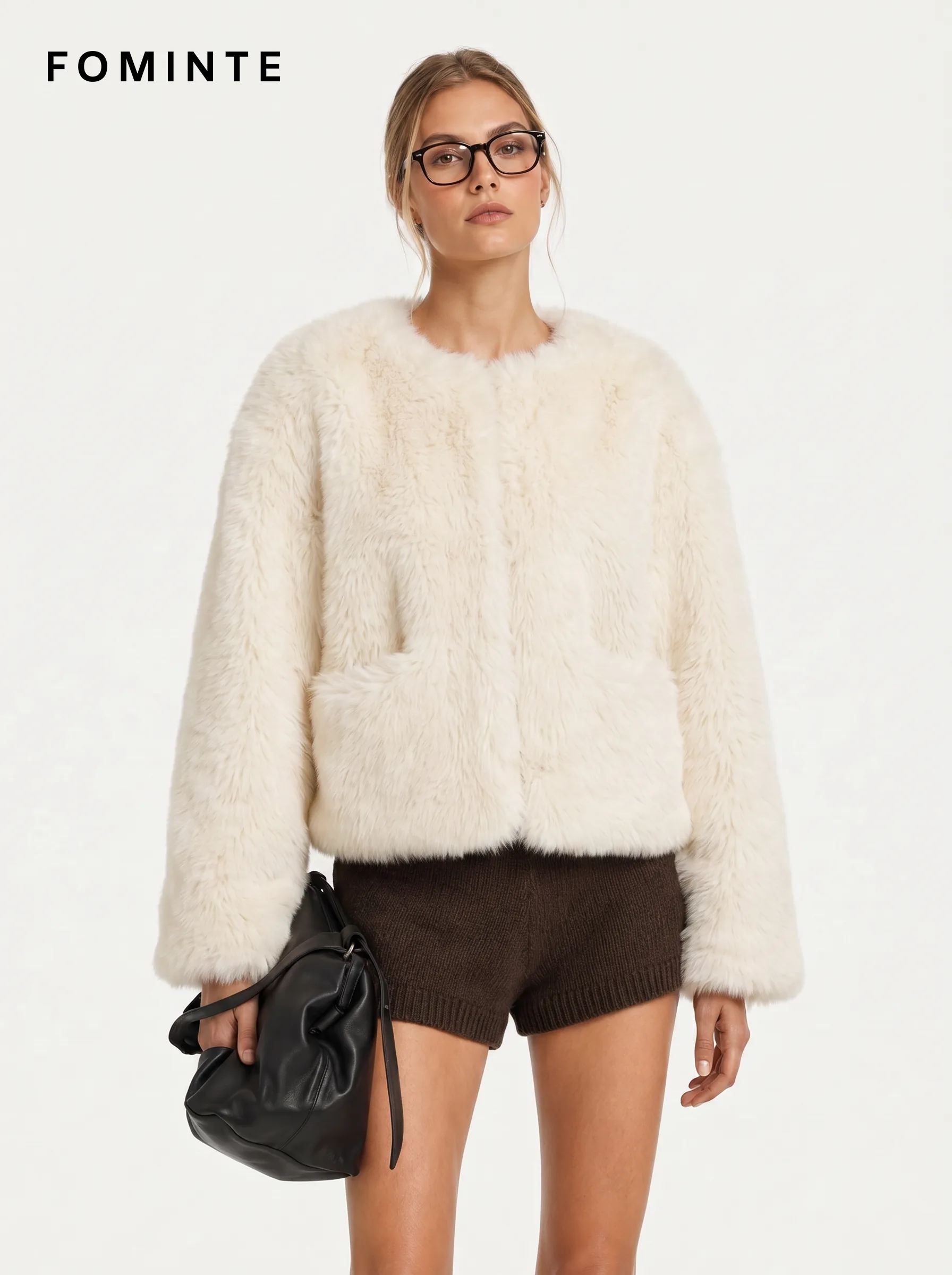 White Long-Pile Faux Fur Pocket Jacket Wholesale