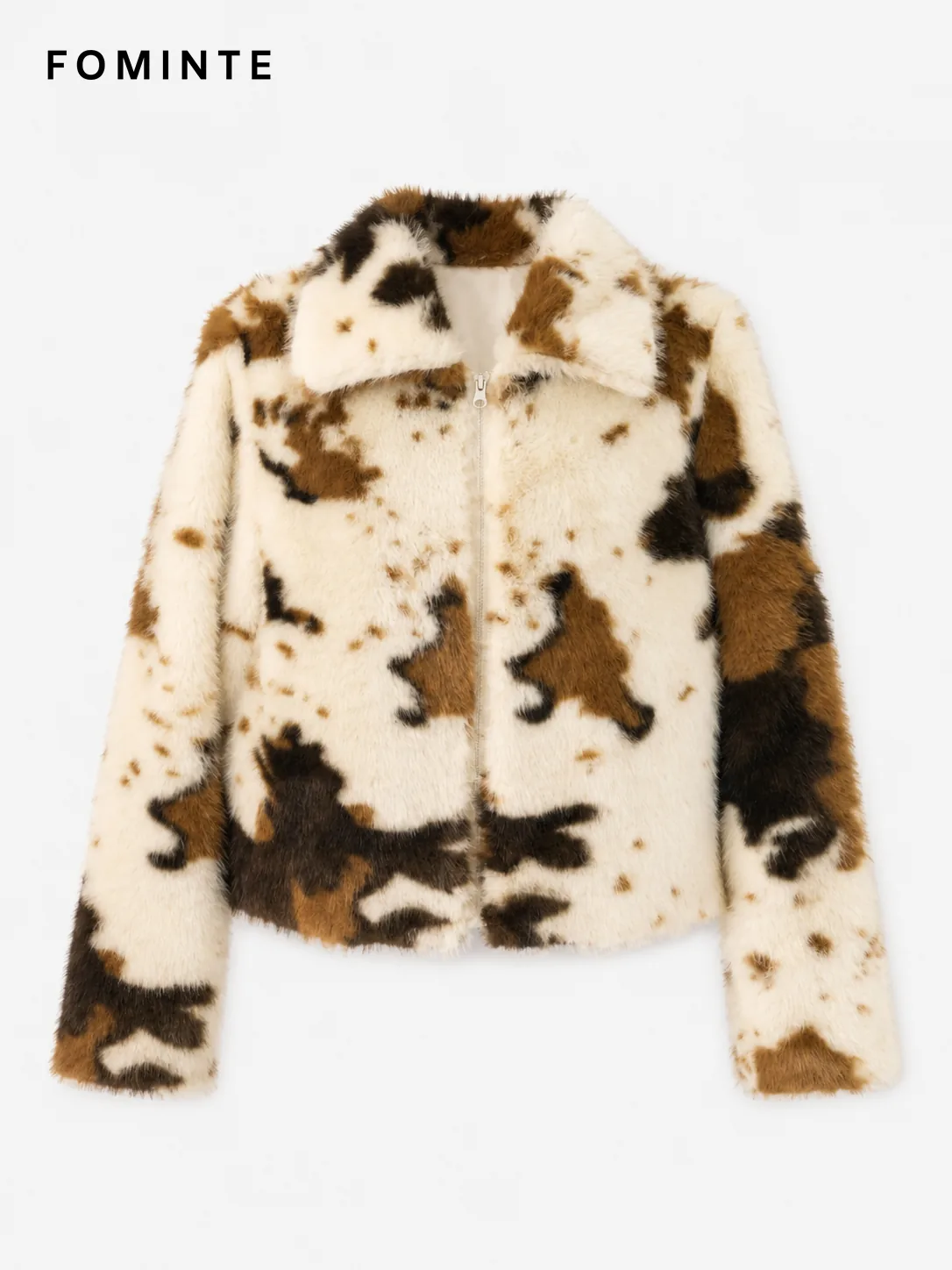 Coffee-White Cow Print Faux Fur Cropped Jacket Wholesale