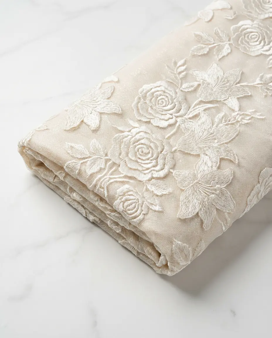 White bridal mesh embroidery fabric for spring wedding wholesale - ivory lace with floral patterns
