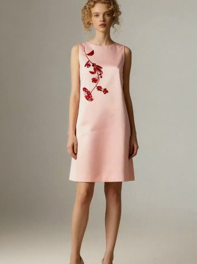 Pink Floral Embroidered Satin Shift Dress - S01105000044