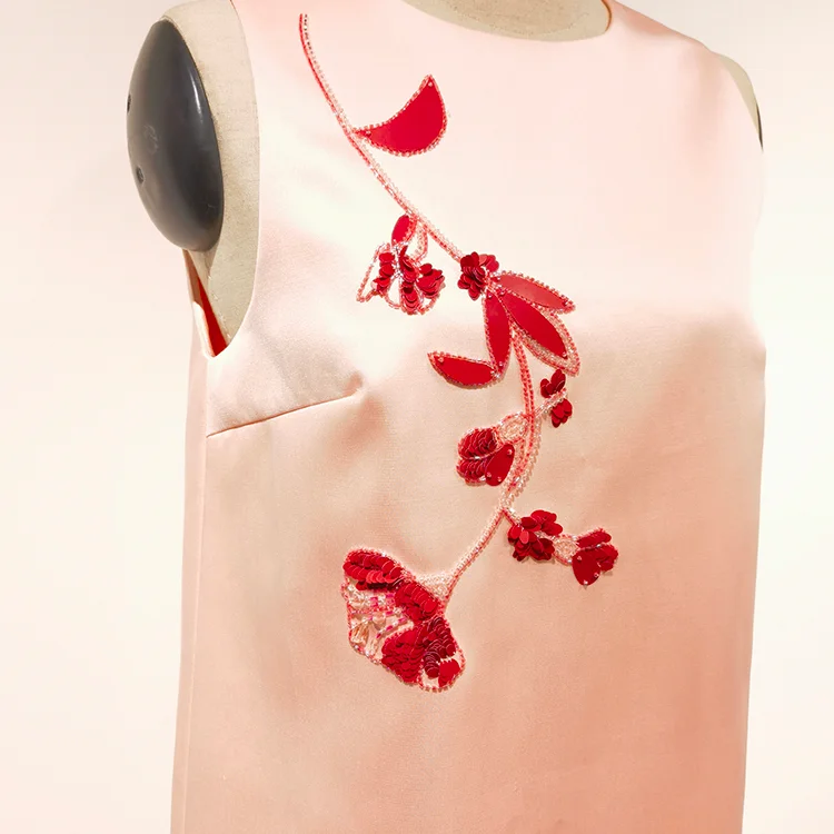 Pink Floral Embroidered Satin Shift Dress - S01105000044