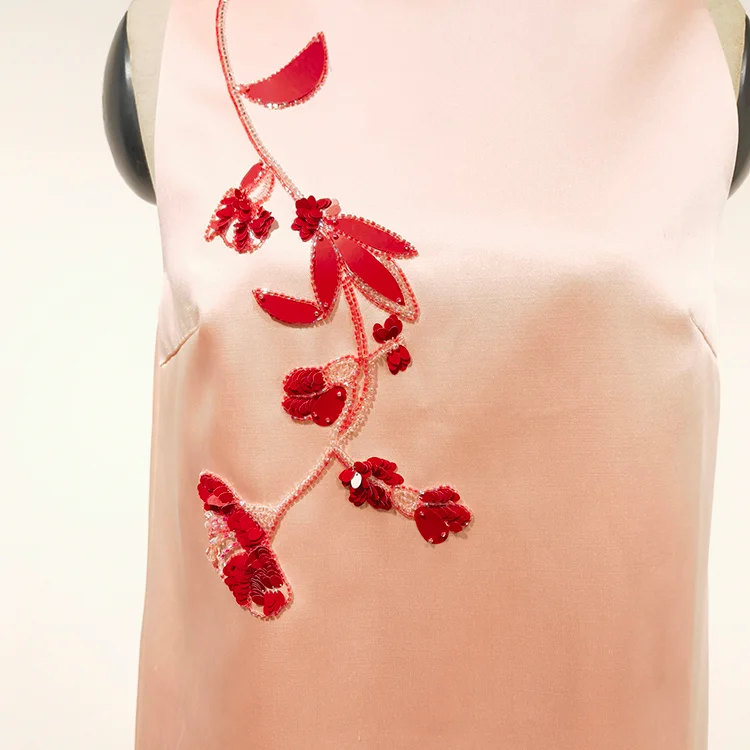 Pink Floral Embroidered Satin Shift Dress - S01105000044