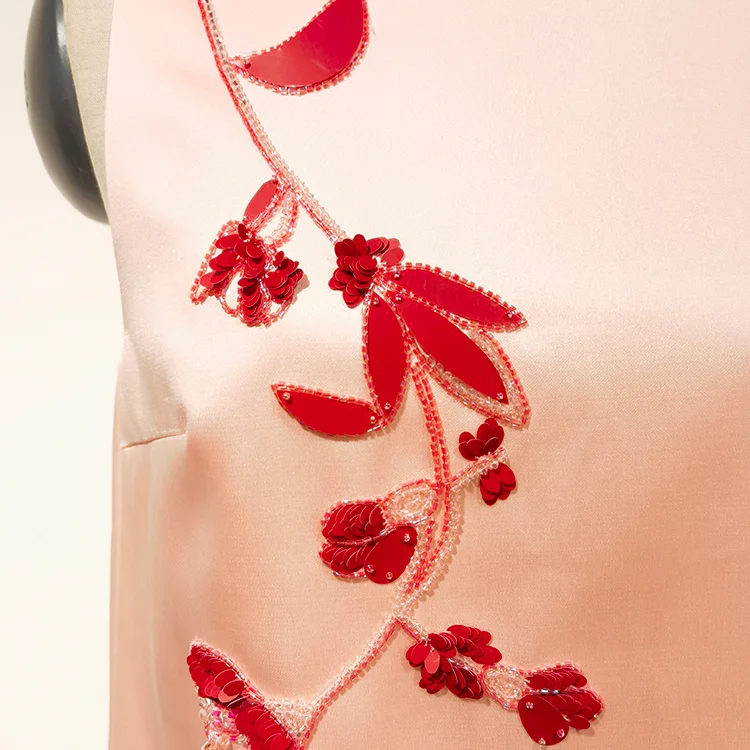 Pink Floral Embroidered Satin Shift Dress - S01105000044