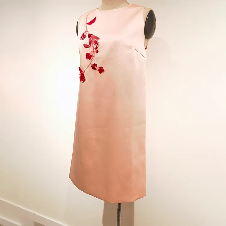 Pink Floral Embroidered Satin Shift Dress - S01105000044