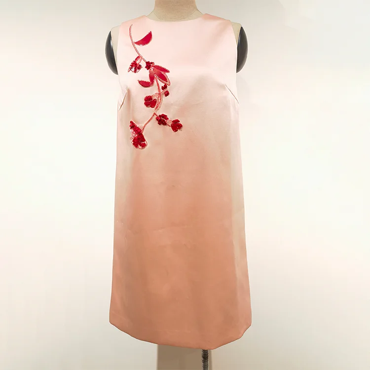 Pink Floral Embroidered Satin Shift Dress - S01105000044