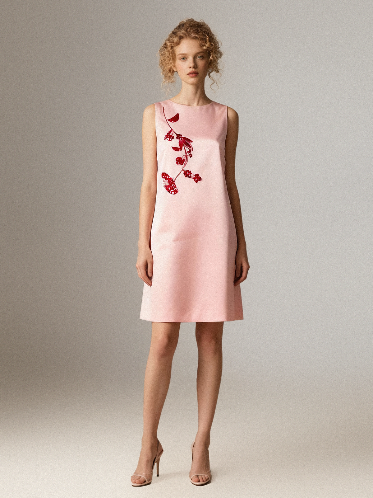 Pink Floral Embroidered Satin Shift Dress - S01105000044