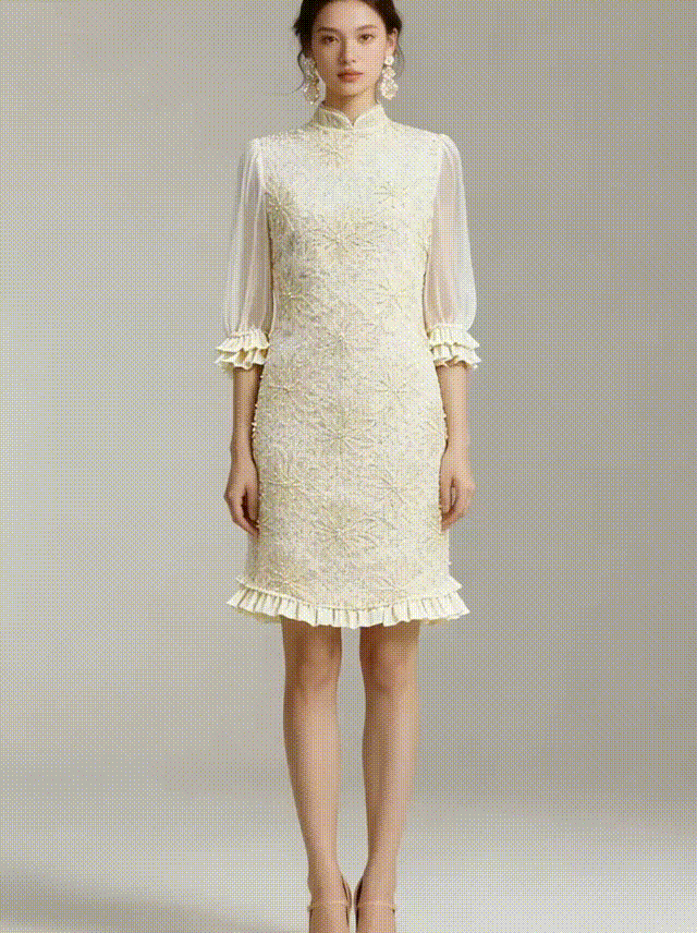 Ivory Beaded Lace Dress - S01205000089