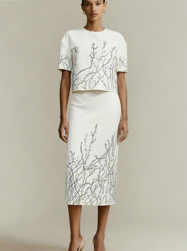 Hand-Beaded Organic Branch Top & Skirt Set - S01360000007