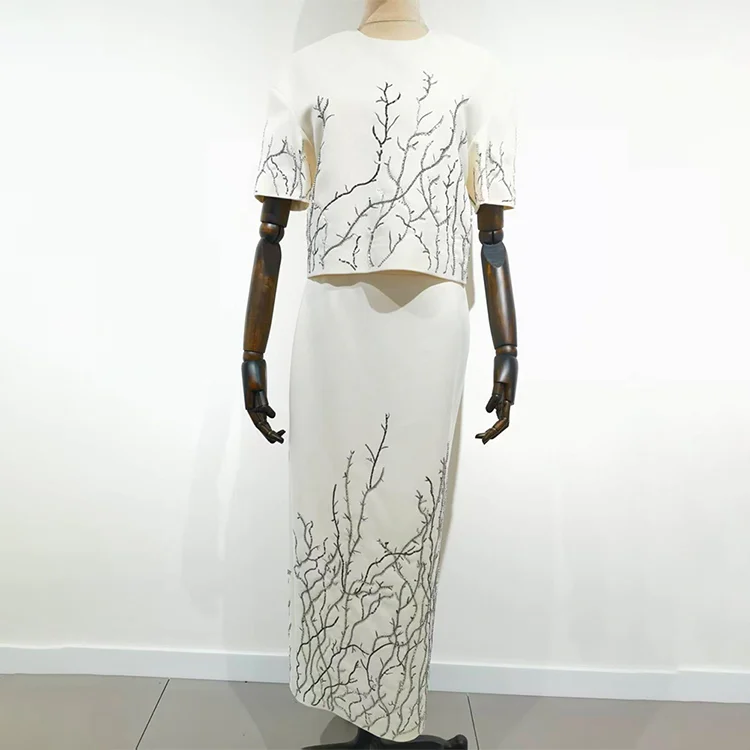 Hand-Beaded Organic Branch Top & Skirt Set - S01360000007 TOP