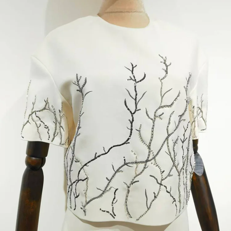 Hand-Beaded Organic Branch Top & Skirt Set - S01360000007 TOP