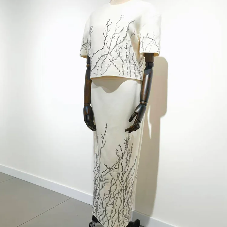 Hand-Beaded Organic Branch Top & Skirt Set - S01360000007 TOP