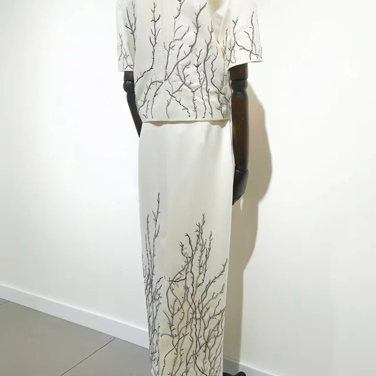 Hand-Beaded Organic Branch Top & Skirt Set - S01360000007 TOP