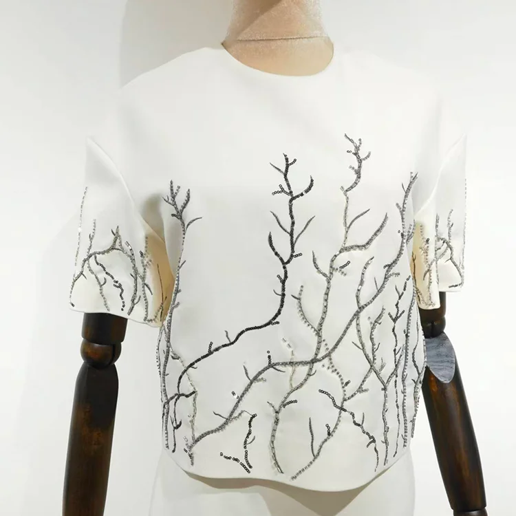 Hand-Beaded Organic Branch Top & Skirt Set - S01360000007 TOP