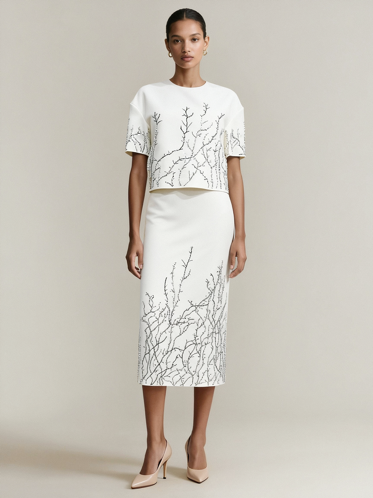 Hand-Beaded Organic Branch Top & Skirt Set - S01360000007