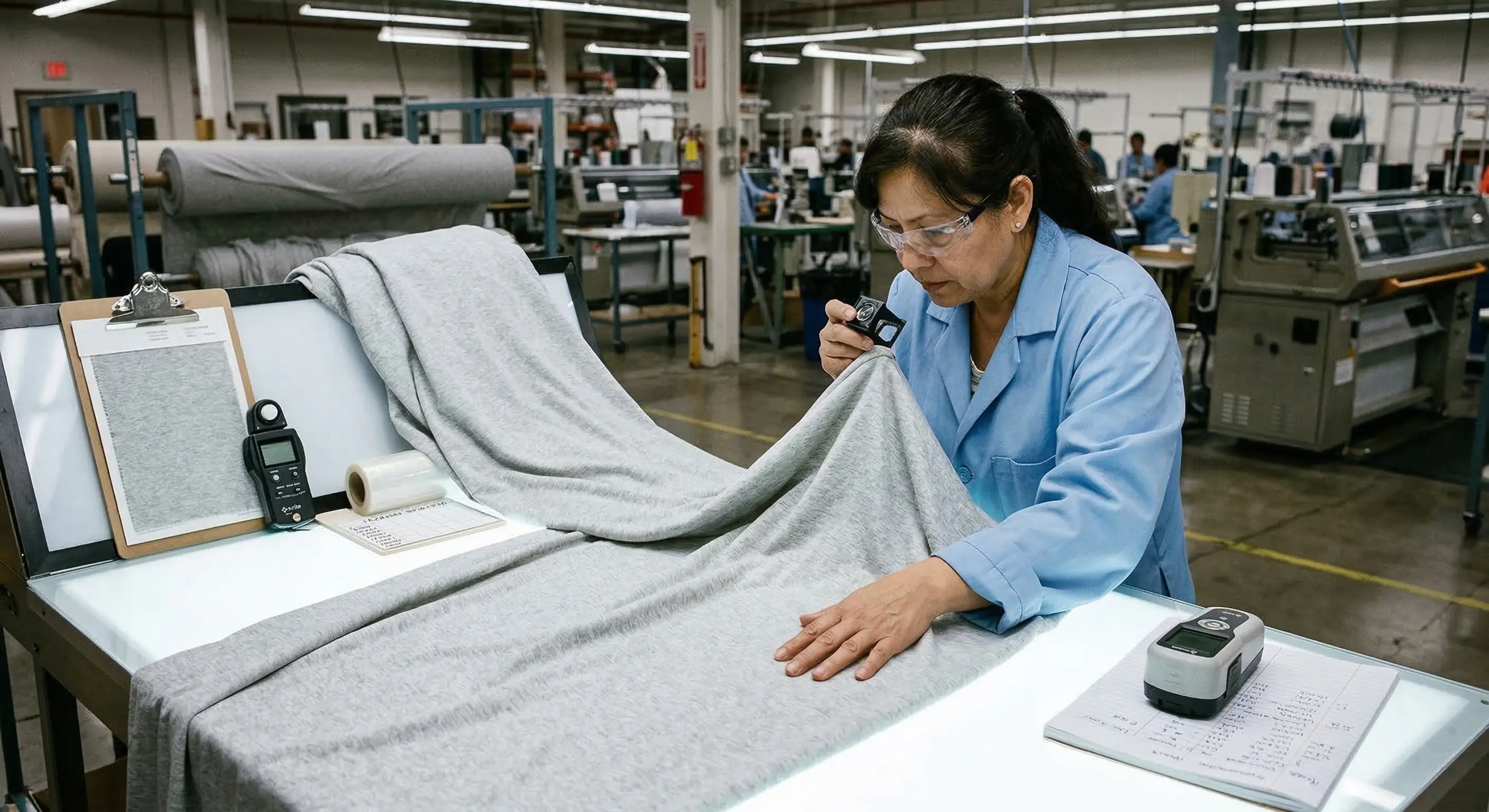 Textile technician inspecting brushed cotton jersey fabric under bright QC lights, checking surface consistency, lint release, and shade uniformity, realistic factory setting