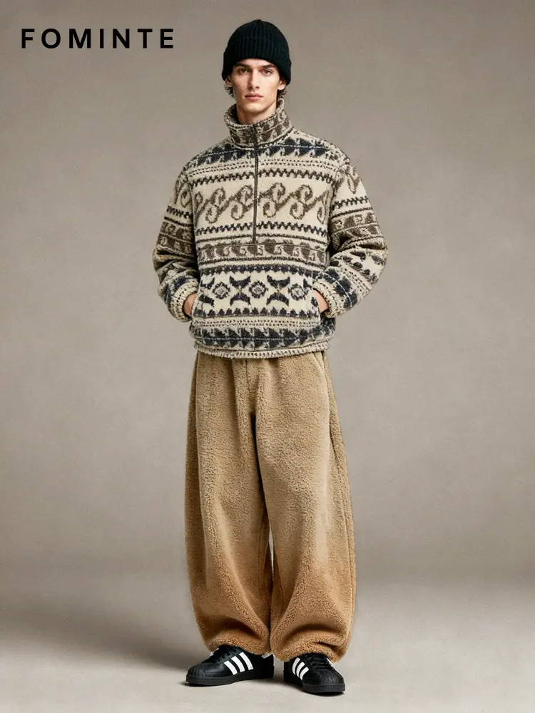 Vintage Paisley Print Half-Zip Sherpa Fleece Jacket