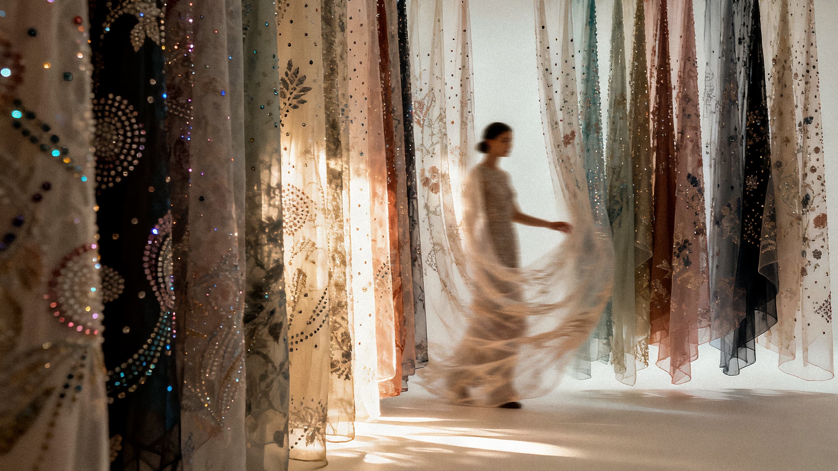 {"default":"Embroidery fabrics banner featuring a model in a heavily embellished, white beaded gown with sheer details"}
