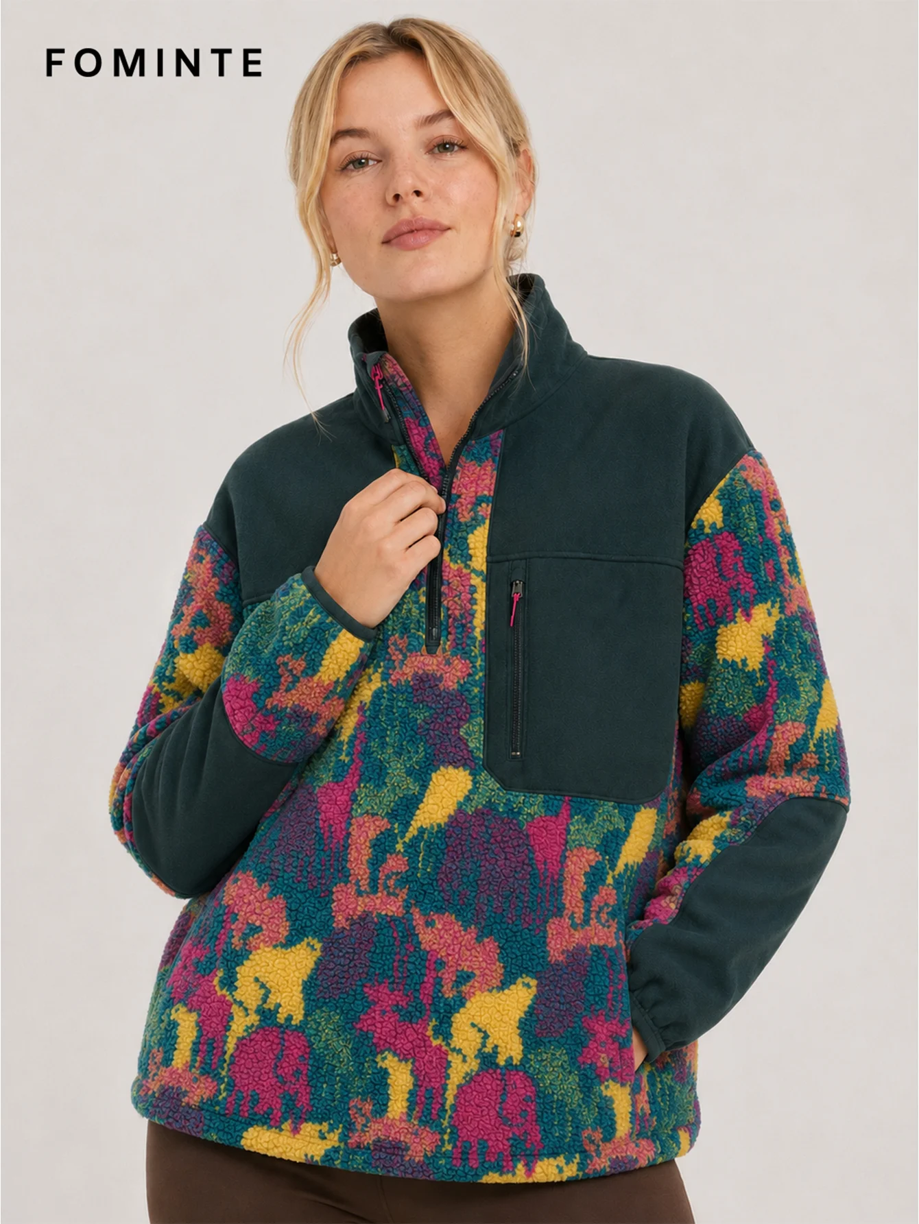 Fleece Outdoor Spliced Stand Collar Pullover - All-Over Print Wholesale Custom Sportswear - FM0801000411-6