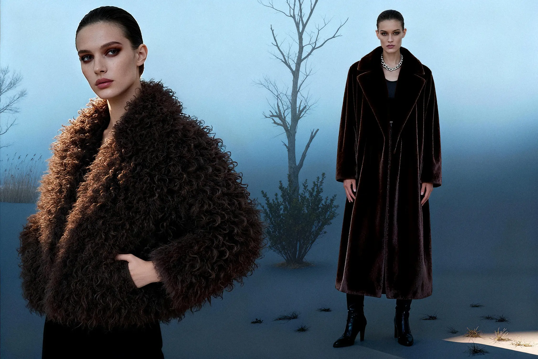 {"default":"Faux fur collection banner with two models wearing a bulky brown faux fur jacket and a long dark brown faux fur coat"}
