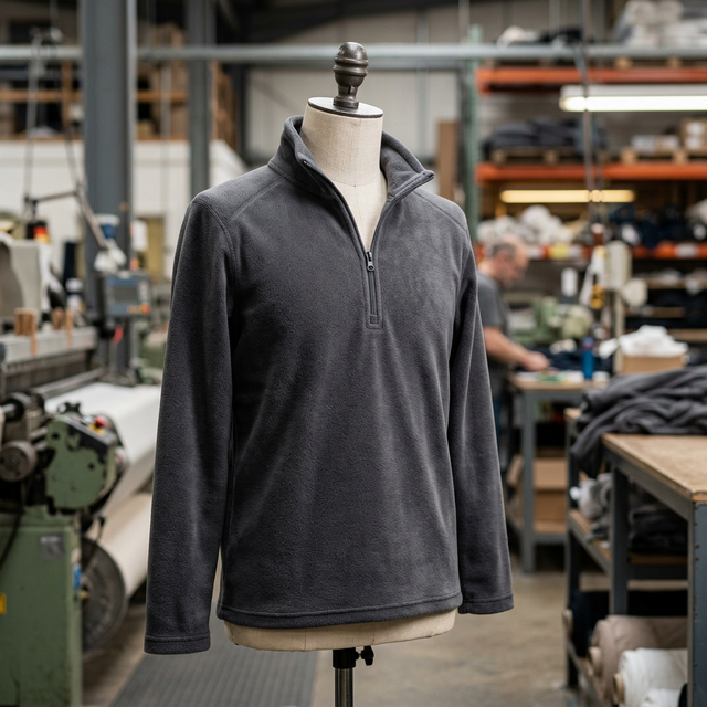 A lightweight, breathable charcoal grey microfleece half-zip pullover