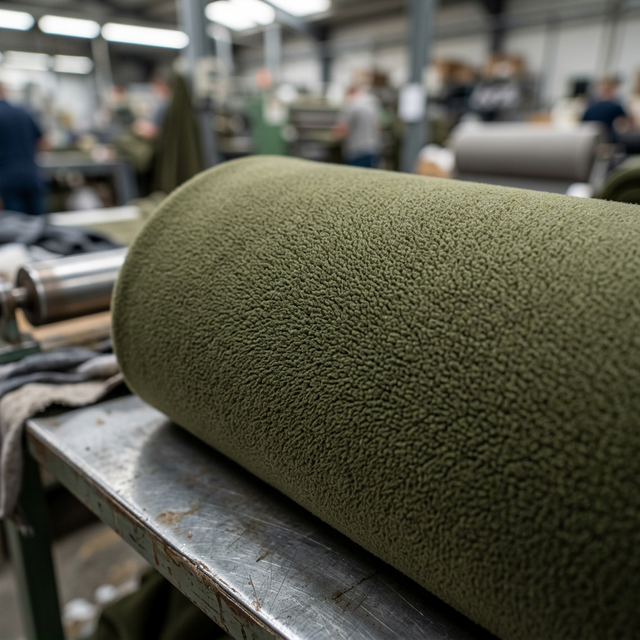 Close-up macro shot of the surface of a premium olive green microfleece fabric