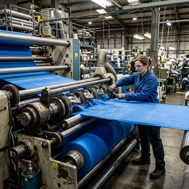 A massive fabric shearing machine trimming a roll of continuous blue microfleece