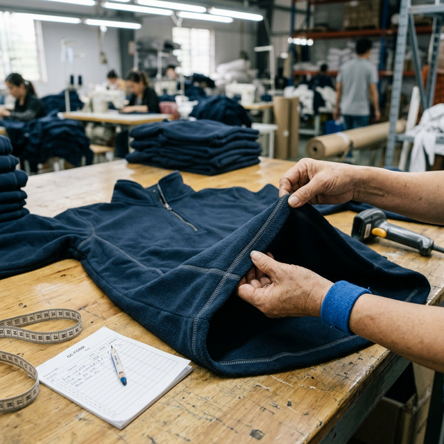 In-article Image 1: A bulk clothing factory inspection table. An inspector's hands are checking the reinforced flatlock stitching on the drop-tail hem of a quarter-zip fleece pullover.
