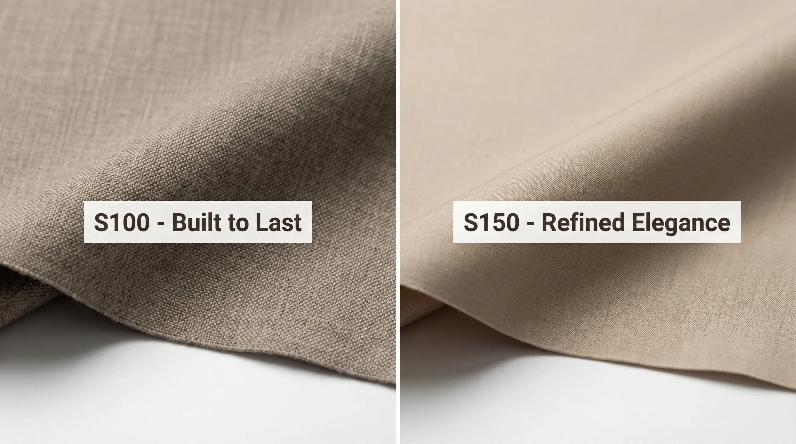 Comparison of Super 100 and Super 150 wool fabric quality - durability vs refinement for B2B textile buyers