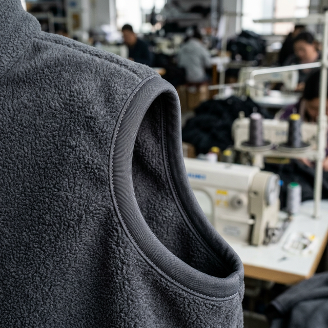 Close-up macro shot of the armhole of a premium dark grey fleece vest
