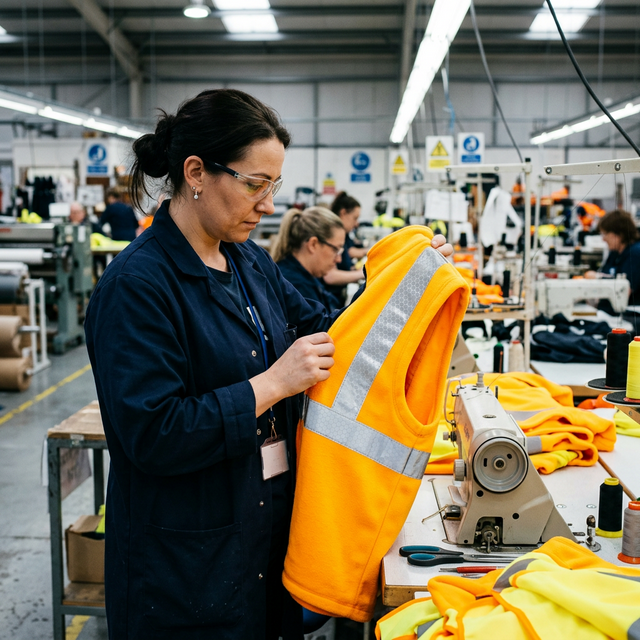 A worker in a textile factory inspecting a bright safety yellow/orange hi-vis fleece vest